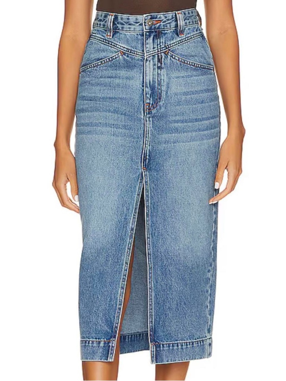 Bardot Washed Denim High-Rise Midi Skirt